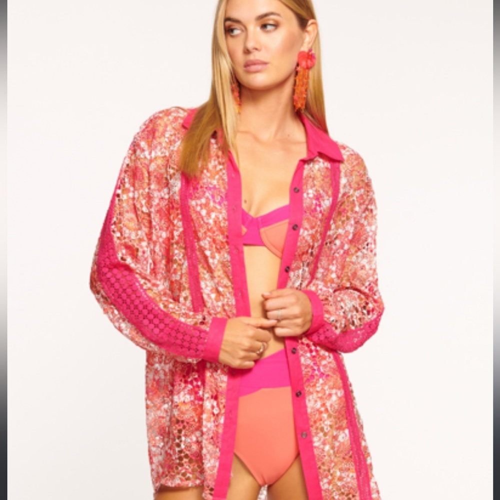 Ramy Brook Gary Princed Lace Swim Cover Up Shirt - Picture 1 of 8